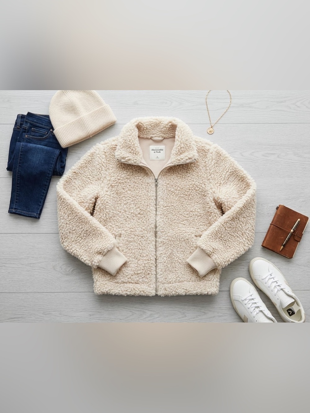 Abercrombie‎ & Fitch Cream Fleece Zip-Up Jacket